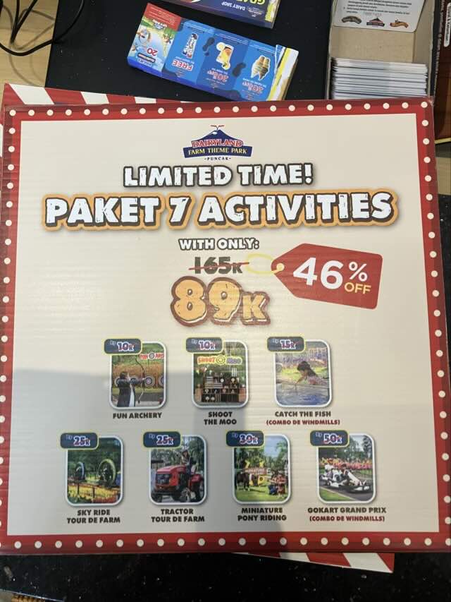 7つのアクティビティのパッケージ料金とイメージ図 46%off で89.000RP