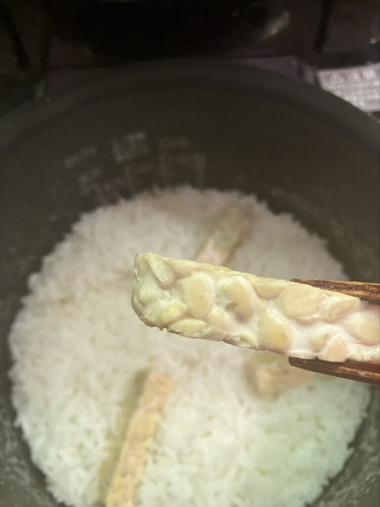 炊きあがった炊飯器の中からテンペをアップして撮影した写真。