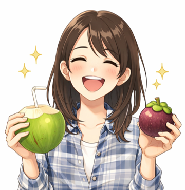 著者のイラスト。右手にココナッツ、左手にマンゴスチンをもつ二児の母